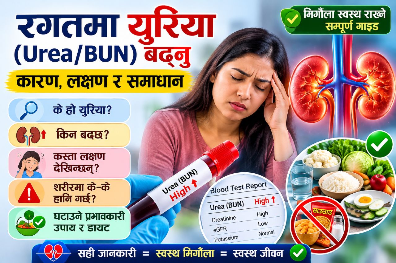 रगतमा युरिया (Urea/BUN) बढ्नुका कारण, लक्षण, हानि र समाधान: मिर्गौला स्वस्थ राख्ने सम्पूर्ण गाइड रगतमा युरिया (Urea/BUN) बढ्नुका कारण, लक्षण, हानि र समाधान: मिर्गौला स्वस्थ राख्ने सम्पूर्ण गाइड